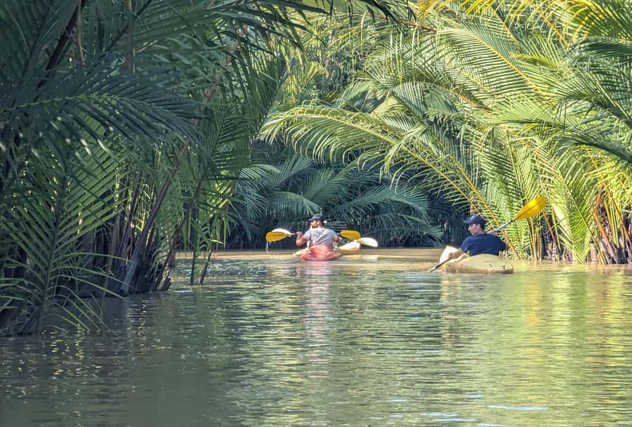 Kampot's Countryside & Kayak Tour, Pepper Farm include Lunch - Green Cathedral kayaking, narrow water, swimming, and sunset views